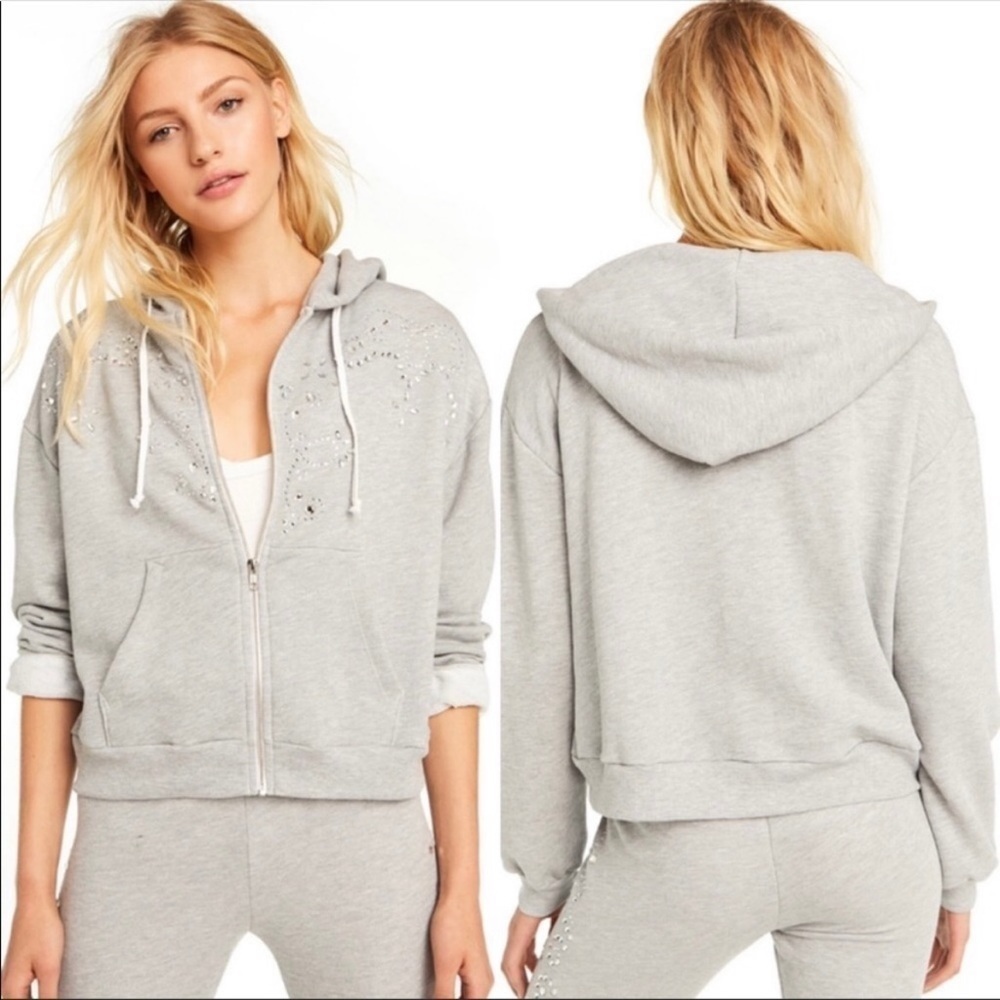 Wildfox Dolly Glitz Embellished Bejeweled Zip Up Hooded Sweatshirt Oversized XXS